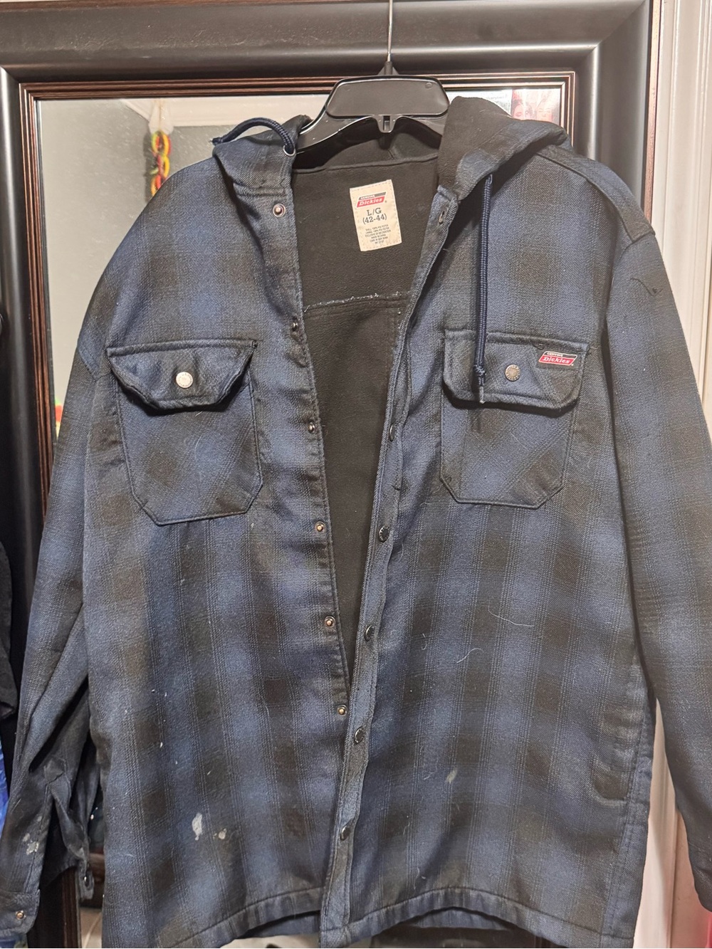 Dickies Hooded Flannel Shirt Jacket Black Gray Plaid Snap Front Sz L